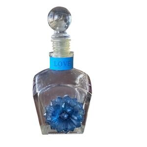 Vintage Clear Glass Perfume Bottle Blue Crystal Flower Love Ribbon Stopper 5.5in